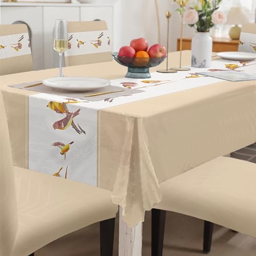 Image of Amazon Basics Dining Table Cover with 6 Chair Covers|Table Cover: 100% Polyester Woven Fabric 140 GSM, 220Cm X 140Cm|Chair Cover: 95% Polyester & 5% Spandex 110 GSM, 50Cm X 40Cm|Cream, Rectangular
