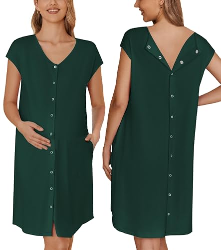 Image of Ekouaer Labor/Delivery/Hospital Gown Nursing Nightgown Maternity Sleepwear With Pockets Postpartum Gowns with Button S-XXL