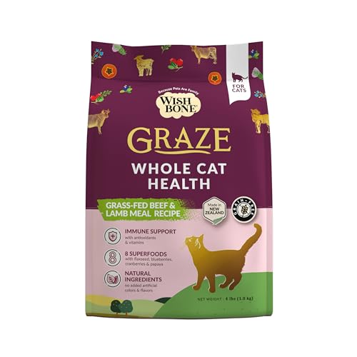 Wishbone Graze New Zealand Beef and Lamb, Gluten Free, Grain Free Dry Cat Food, Premium Beef and Lamb Recipe Cat Food for Overall Pet Health - 4 lb
