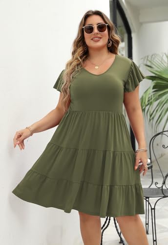 Image of Celkuser Womens Plus Size Summer Casual Midi Dress Short Ruffle Sleeve Tiered Empire Waist T-Shirt Dress with Pockets
