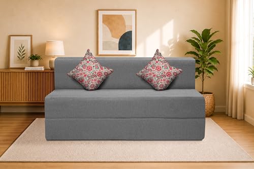 Image of Two Seater Sofa Cum Bed Jute Fabric 4 X 6 Ft| Space Saving Foldable Sofa Bed for Living Room & Guest Room | Comfortable Multi-Functional Furniture - Grey