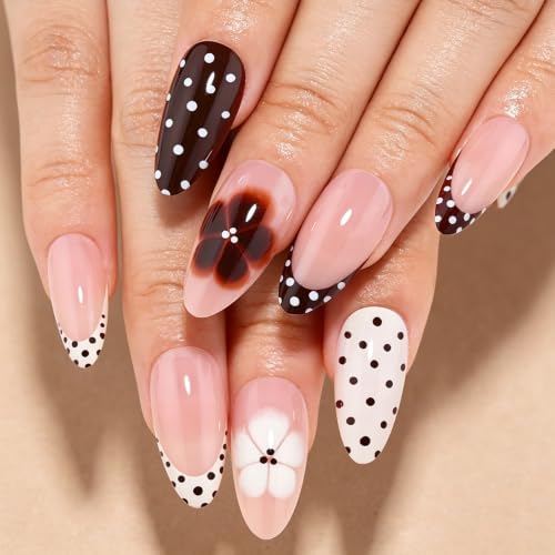 evpct Nude Pink Polka Dot Press on Nails Short Almond with French Design