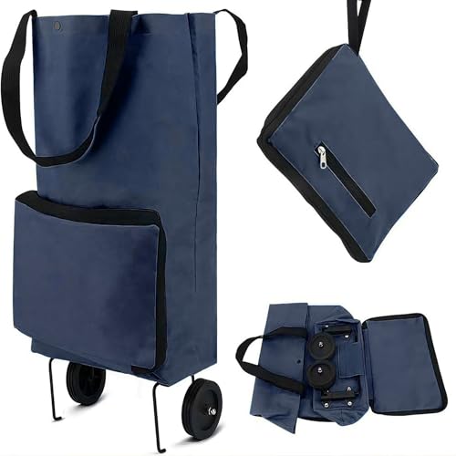 Charriot de courses pliable, chariot de supermarché avec deux roues pliantes légères, sac en tissu Oxford, sac réutilisable de grande capacité, ultra léger