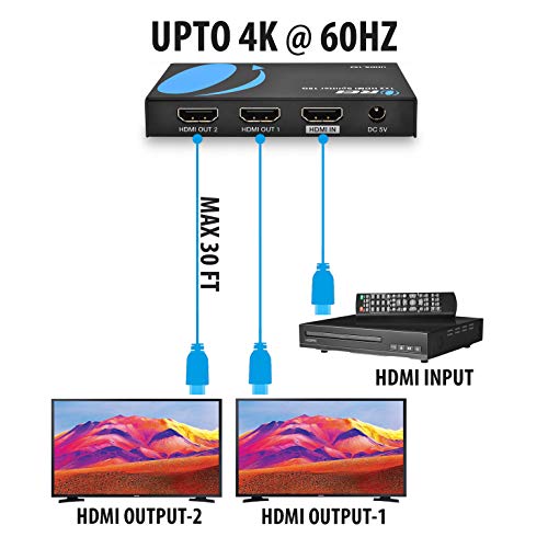 Orei 4K 1X2 2.0 Hdmi Splitter, 2 Ports With Full Ultrahd 4:4:4 Hdr, Hdr10, Dolby Vision, Hdcp 2.2, 4K At 60Hz, Edid Support #TOP1