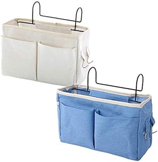 NAMIS Bedside Storage Pocket, 2pcs White/Blue Bedside Hanging Storage Bag with Hook, Dormitory Bed Organiser Caddy Desktop Storage Rack for Dormitory Bedroom Kitchen Office School Bunk Bed