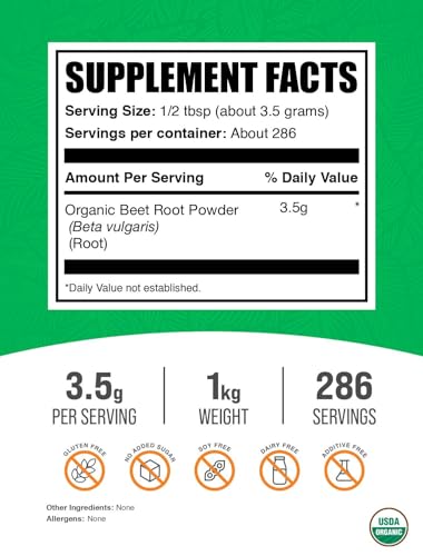 Image of BulkSupplements.com Organic Beet Root Powder - Superfood Supplement, Beet Root Supplements - Vegan & Gluten Free, 3.5g per Serving, 1kg (2.2 lbs) (Pack of 1)