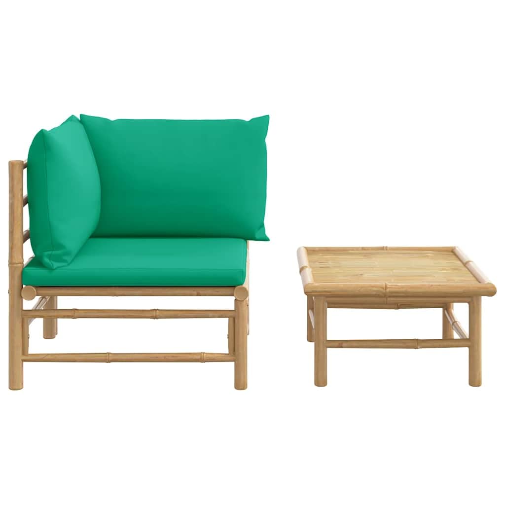 Ensemble Salon de Jardin en Bambou 2 pcs avec Coussins Verts, Table Basse et canapé d Angle modulable pour terrasse Balcon, Assise Confortable et Rangement Pratique