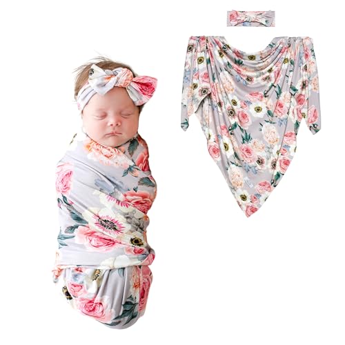 Image of Posh Peanut Swaddle Blanket & Headband Set – Viscose from Bamboo Stretchy Baby Swaddle for Newborn Girls, Receiving Blanket or Nursing Cover