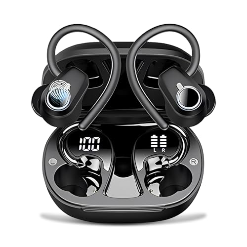 PWTEK Wireless Earbuds, Bluetooth 5.3 Headphones Sport,Over Ear Buds with Noise Reduction Mic,LED Display 50H Playtime Earphones with Earhooks IP7 Waterproof for Gym/Running/Workout Black
