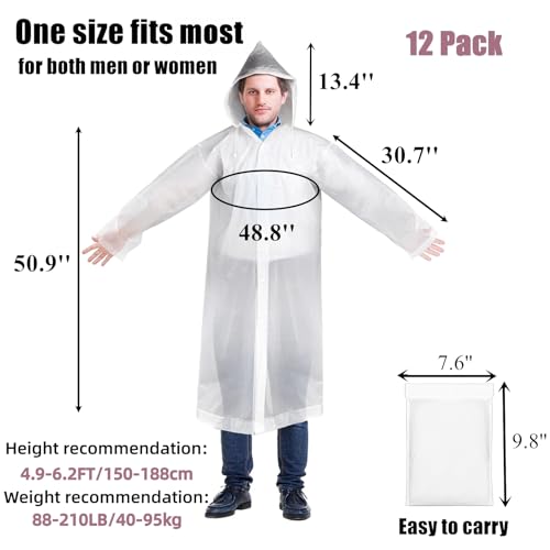 12 Pack Rain Ponchos for Adults, Reusable Raincoat with Drawstring Hood, Portable EVA Rain Jackets for Women Men, Waterproof Long Rain Cape, Emergency Poncho for Travel Camping Hiking Outdoor2