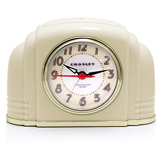Timelink Crosley Vintage Art Deco Analog Alarm Clock, Quiet No-Ticking Movement, Automatic Dimmable Smart Light, Simple Controls, (Ivory)