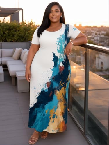 Image of PinkPatty Plus Size Dress for Women Casual Crew Neck Short Sleeve Maxi Dress Oversized Summer Beach Dresses with Pockets