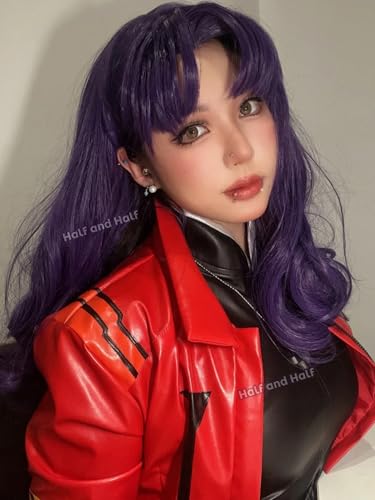 Image of Half and Half Long Curly Purple Wig with Bangs Anime Dark Purple Cosplay Wigs 21.6'' Synthetic Hair for Women Halloween Party