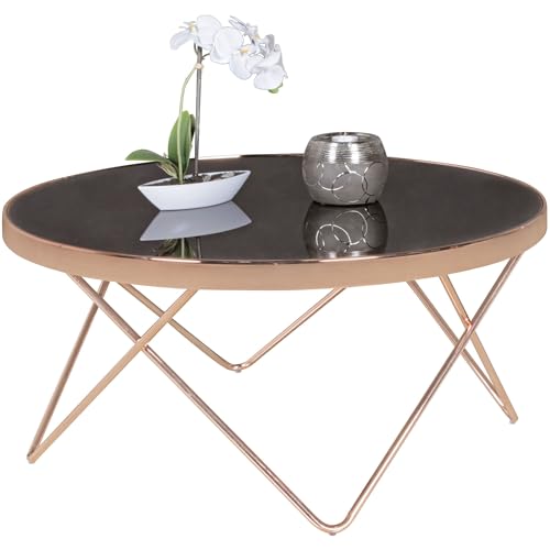 WOHNLING Design:ouchtisch Glasplatte schwarz/Gestell Kupfer ø¸ 82 cm | Wohnzimmertisch verspiegelt Sofatisch modern | Glastisch Kaffeetisch rund Loungetisch