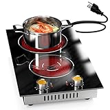 2 Burners Electric Cooktop, Plug in Electric Stove 110v, Countertop & Built-in Electrics Stove Top, 12 Inch Cooktop Knob Control, 9 Power Levels, 2000W, Gold Knob, Karienvir