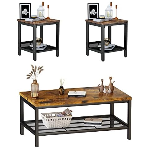 AWQM 3 Pieces Coffee Table Set, Industrial Coffee Table with 2 Square End Side Tables, Modern Living Room Table Set with Metal Frame for Apartment Home Office, Rustic Brown Cover