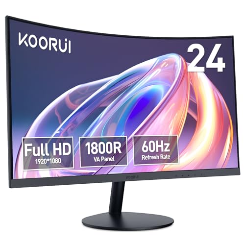 KOORUI 24-Inch Curved Computer Monitor- Full HD 1080P 60Hz Gaming Monitor 1800R HDMI VGA, Tilt Adjustment, Eye Care, Black