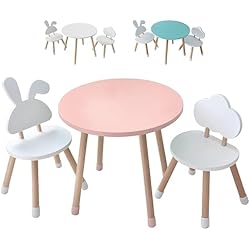 KYWAI® Mesa y Silla Infantil - Conjunto de Mesa Redonda y Dos Sillas. Robusto diseño en Madera de Pino. Ideal para Juegos, Creatividad y Aprendizaje Seguro (Rosa)