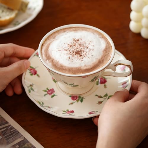 fanquare 6 oz Rose Floral Tea Cup and Saucer Set with Gold Trim, English Country Style Porcelain Coffee Cup for Afternoon Tea Home Party Gifting