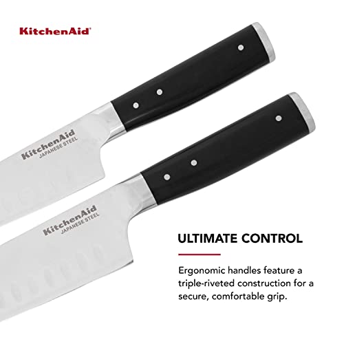 Kitchenaid Gourmet Forged Triple Rivet Santoku Knife Set With Custom-Fit Blade Covers, 7-Inch Santoku Knife, 5-Inch Santoku Knife, 2-Piece Set, High-Carbon Japanese Stainless Steel Blades, Black #TOP3