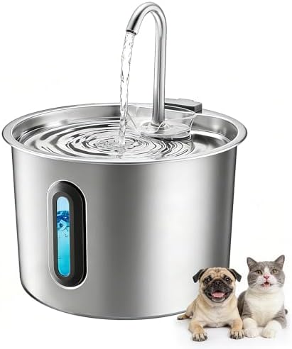 Fuente para Gatos Acero Inoxidable 2,2 L – Rever E101 Fuente de Agua para Gato con Ventana Visible y Bomba Ultra-silenciosa, Sistema de Multi-filtración, Bebedero Gatos y Animales Pequeños (Plata)