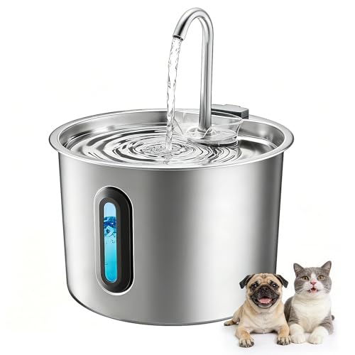 Fuente para Gatos Acero Inoxidable 2,2 L – Rever E101 Fuente de Agua para Gato con Ventana Visible y Bomba Ultra-silenciosa, Sistema de Multi-filtración, Bebedero Gatos y Animales Pequeños (Plata)