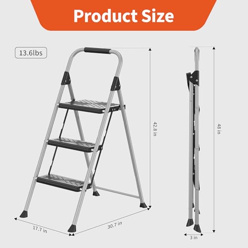DIAMONDFORGE 3-Step Ladder Folding Step Stool with Anti-Slip Wide Pedal & Soft Handle, Heavy Duty Steel Construction, 900 lbs Capacity for Home & Office, Grey by DIAMONDFORGE - Image 7