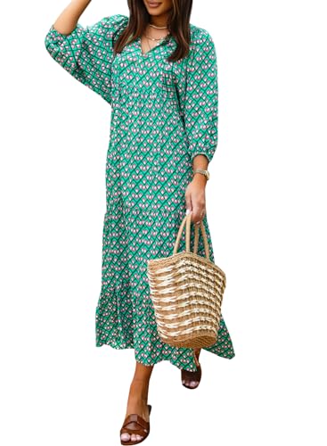Image of miduo Womens Loose Fit Casual Summer V Neck Half Sleeve Bohemian Geometric Pattern Maxi Long Dresses