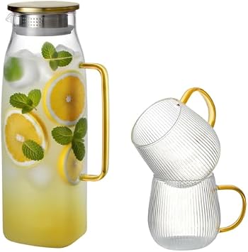 GLASKEY Square Glass Pitcher with Lid and Borosilicate Glass Coffee Mugs Set of 2