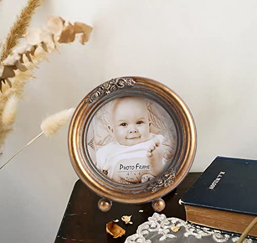 Sikoo Vintage Picture Frames 4X4 Round Picture Frames Bronze Antique Mini Circle Photo Frame ,Tabletop And Wall Mounting With High Definition Glass Front For Home Decor, Antique Wall Decor Art, Photo Gallery（Bronze） #TOP3