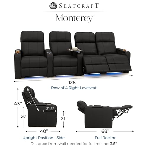 Image of Seatcraft Monterey Home Theater Seating Black Row of 4 Right Loveseat | Italian Leather, Wall Hugger, Zero Gravity, Powered Headrest, Power Recline, Zero Gap, USB charging