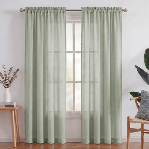 Turquoize Linen Sheer Curtains Natural Linen Semi Sheer Curtains Light Filtering Burlap Curtain Rod Pocket Window Treatments Panels/Drapes, Privacy Assured, 84 Inches Length (2 Panels, Sage)