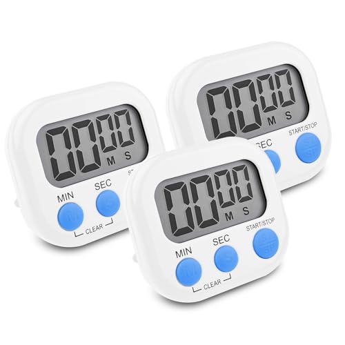 Newaner 3 Piezas Temporizador Cocina Digital Blanco, Cronometro con Pantalla LCD Grande, Timer con Alarma Fuerte, Reloj Temporizador Respaldo Magnético para Estudiar Trabajar Cocina