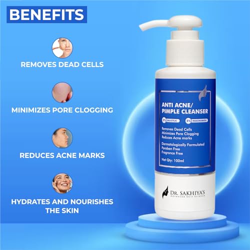 DR. SAKHIYA'S Anti Acne Pimple Face Cleanser - With 2% Salicylic Acid And Niacinamide – 100ml(Pack Of 1) Anti-Acne Cleanser For Face Paraben & Fragrance-Free