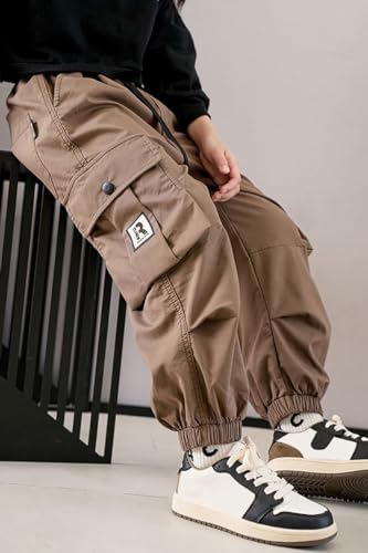 Image of AOWKULAE Girls Casual Cargo Pants for Kids Drawstring Elastic Waist Jogger Pants 6-14 Years