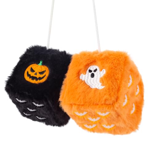 Lutoku Halloween Fuzzy Dice for Car Rear View Mirror, Plush Black and Orange 3 Inch Pair with Embroidered Pumpkin, Ghost, and Bat Details