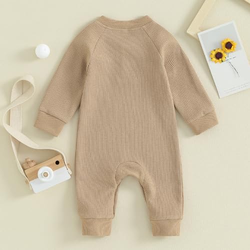 Kuriozud Newborn Baby Boy Girl Clothes Button Solid Long Sleeve Romper Jumpsuit Basic One Piece Outfits Waffle Long Sleeve Khaki, 9-12 Months
