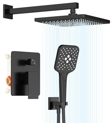 Image of Gabrylly Shower System, 10 Inches Rain Shower Heads with Handheld Spray Combo, Wall Mounted Shower Faucets Sets Complete with Shower Valve Kit, Shower Head and Handle Set, Matte Black
