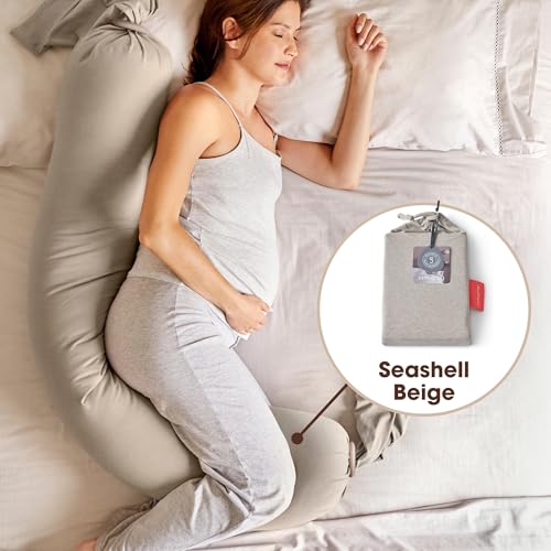Image of bbhugme Pregnancy Pillow Cover, Seashell Beige - Replacement Cover for bbhugme Maternity Pillow - Soft, Breathable, Cooling Cotton Jersey Fabric - Machine Washable