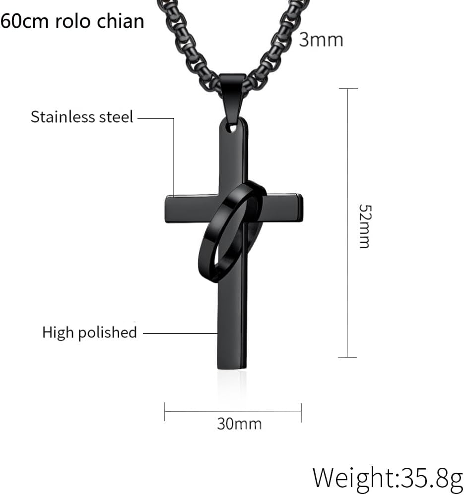 Cross Necklace for Men,Stainless Steel Black Silver Jesus Christ Crucifix Pendant Necklace Jewelry，60cm Rolo Chain - Image 3