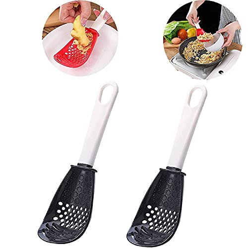 KCRPM Multifunctional Kitchen Cooking Spoon, Silicone Skimmer Slotted Spoon, for Draining, Mashing, Grinding, Garlic Press Crusher (Black,2PCS)