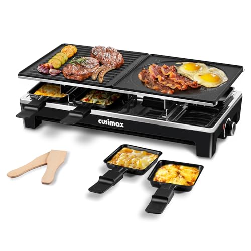 CUSIMAX Raclette Grill, Electric Grill, Reversible 2 in 1 Non-stick Grill & Griddle Plates, Portable Korean Grill with 8 Paddles & Shovels, Black New Model
