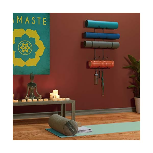 Wallniture Guru Foam Roller & Yoga Mat Holder Wall Mount with 3 Hooks for Hanging Yoga Strap, Resistance Bands, 5-Sectional Metal (Black)