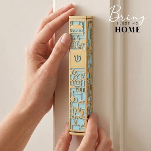 Image of SURI Mezuzah for Door with Scroll, 7 Inch Gold and Blue Mezuzah Case with Non Kosher Scroll Inside, Fits a up to 6 Inch Scroll, Includes Adhesive and Gift Box