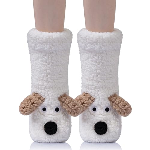 Eocom Kids Boy Girls Slipper Socks Crazy Funny Fuzzy Cute Animal Grips Winter Warm Fluffy Cozy Socks(White, 5-8 Years)