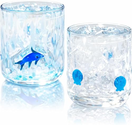 Wtruoy 2 Pcs Ocean Theme Glass Cups, Clear Glass Cup 14 oz, Hand-Blown Glass for Iced Coffee Juice Cocktails Water, Summer Beverage Glassware for Home Party Daily Use