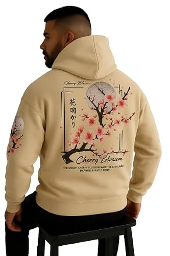 Mens Fleece Japanese Graphic Hoodies, Fashion Pullover Sweatshirt with Hood, Casual Cotton Blend Long Sleeve Fall Winter Streetwear (US, Alpha, XX-Large, Regular, Regular, Khaki, Cherry Blossom)