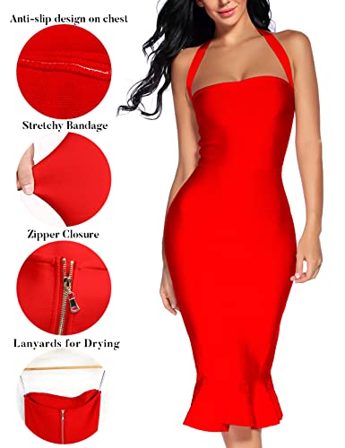Image of houstil Women's V Neck Halter Fishtail Bandage Bodycon Dress Party