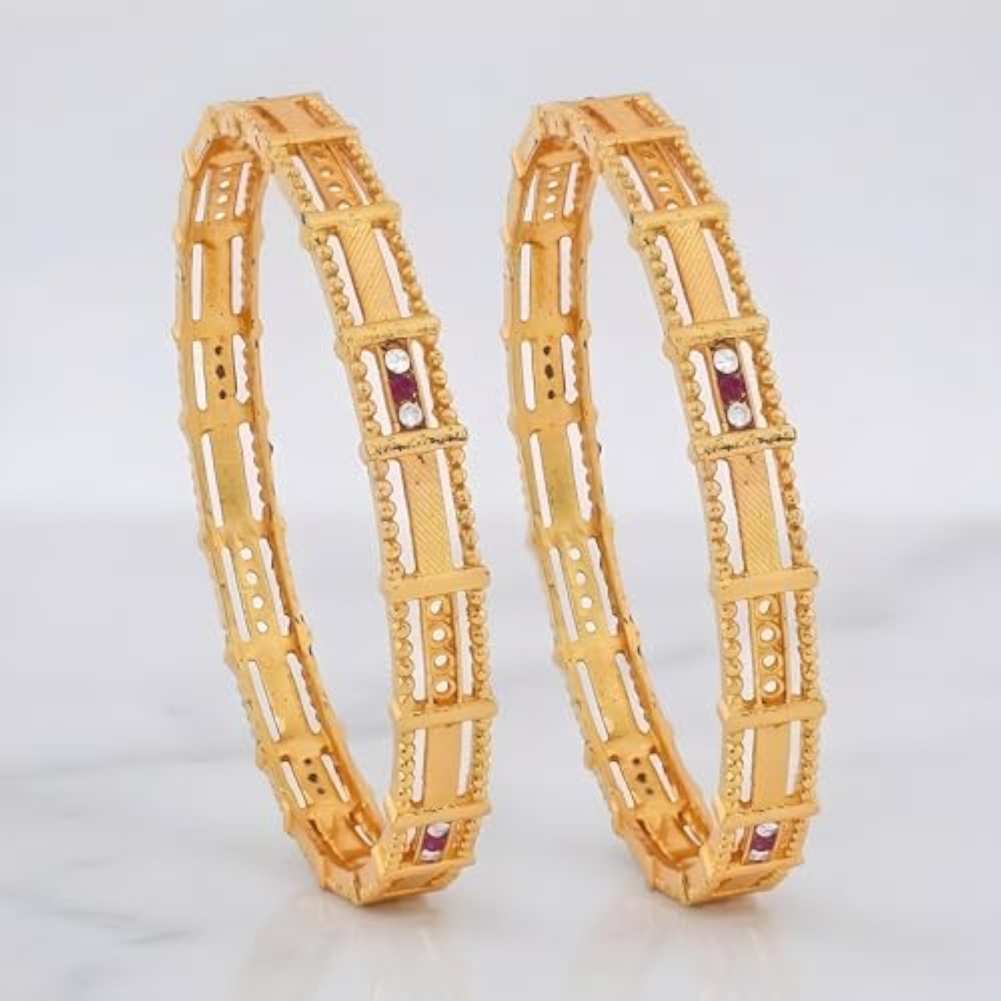 Traditional Indian Plated Bangles with Ruby and Stone Accents, Set of 2