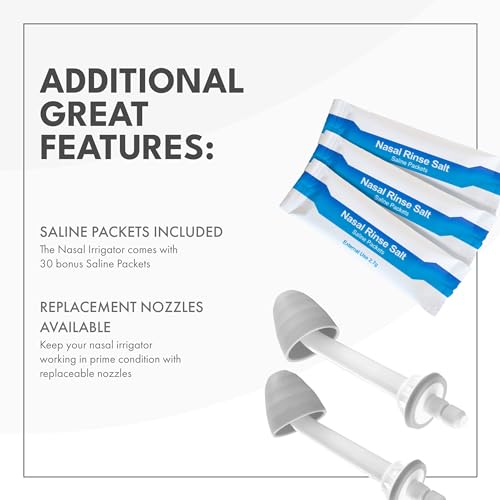 Nasal Irrigator with Bonus 30 Saline Packets - Irrigation for Sinus Relief - Nose Cleaner Aspirator System - Waterproof - 3 Pressures: Normal, Soft, Pulse